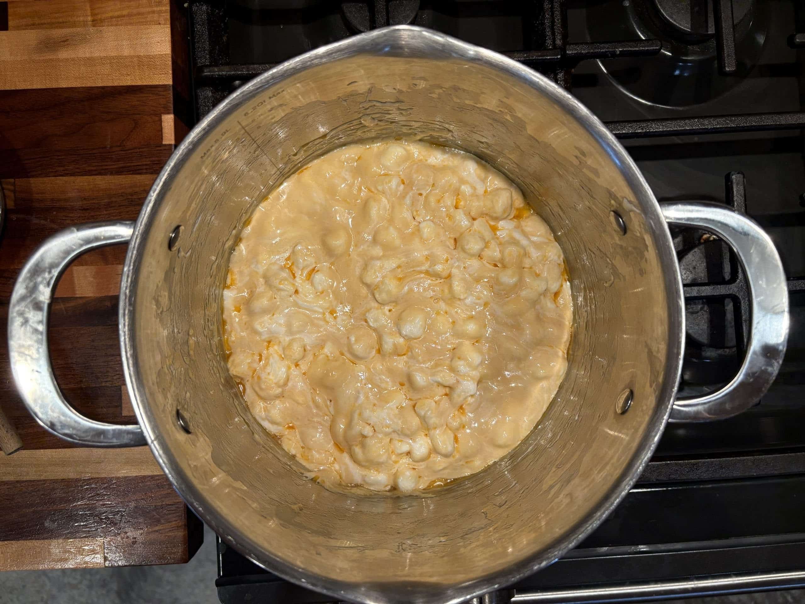 Melted marshmallows, butter, and caramel chips.