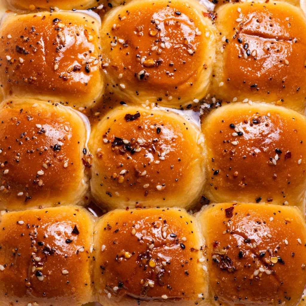 The top view over the appetizer - ham and cheese sliders with brown sugar.