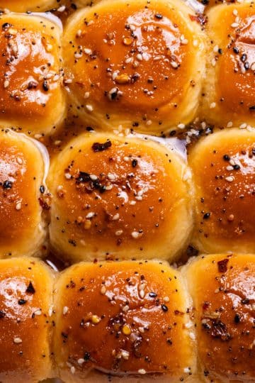The top view over the appetizer - ham and cheese sliders with brown sugar.