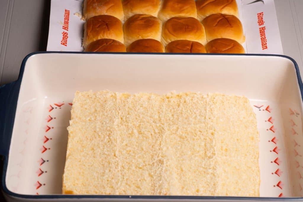 Hawaiian rolls cut in half lengthwise.
