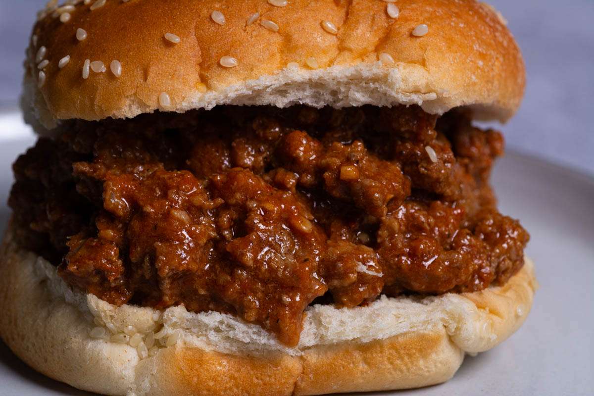 Easy Sloppy Joes on a sesame seed bun.
